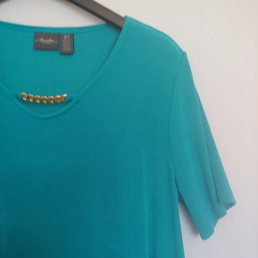 Chicos teal short sleeve a-symmetrical slinky knit top with chain size 1P - Picture 2 of 11
